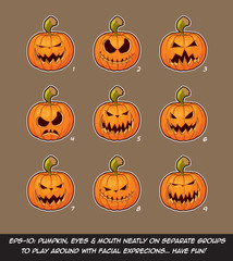 Jack O Lantern Cartoon - 9 Scary Expressions Set