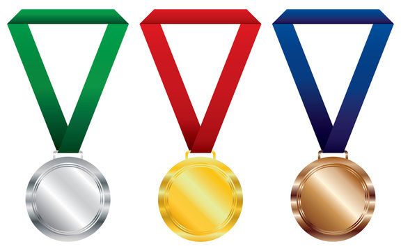 Three award medals on white background. Gold and silver with bronze medals vector design.