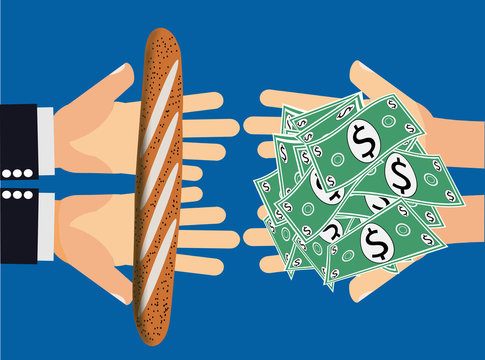 Hands handing Large Amount of Dollars or Money for a piece of bread or an inexpensive item