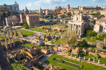 ROME, ITALY - APRIL 8, 2016: Roman's forum with ruins of important ancient government buildings...