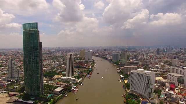 aerial view of river and skyline in heart of bangkok thailand capital