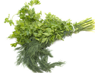 dill and parsley on a white background