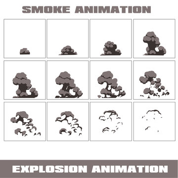 Explosion, cartoon  animation frames for game. Sprite sheet on dark background. Smoke 