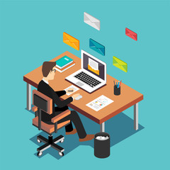 An office worker sending emails and communication with clients. Email marketing concept. Flat 3d isometric technology concept.
