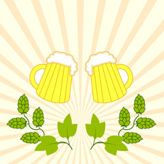 two fresh beers with foam hat with branches of hops in the background of diverging rays