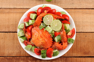 Seafood salad with crab and vegetables.