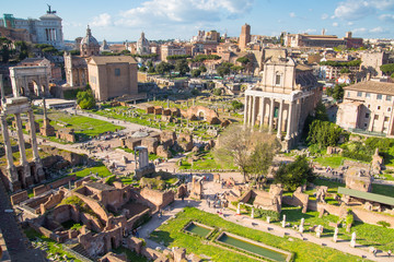 ROME, ITALY - APRIL 8, 2016: Roman's forum with ruins of important ancient government buildings...