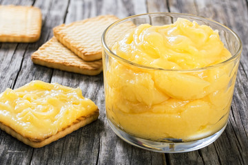 lemon curd in glass cup. blueberry and mint ,  close-up