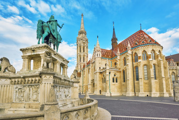 View on the Old Fisherman Bastion in Budapest. Statue Saint Istv
