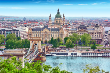 Naklejka na ściany i meble Panorama View on Budapest city from Fisherman Bastion. Hungary.