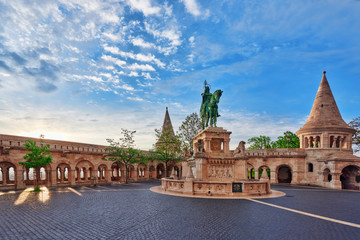 View on the Old Fisherman Bastion in Budapest. Statue Saint Istv