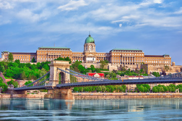 Budapest Royal Castle and Szechenyi Chain Bridge at day time fro