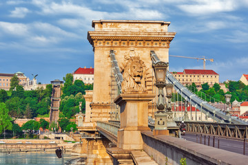 Szechenyi Chain Bridge at morning time. Budapest, Hungary.