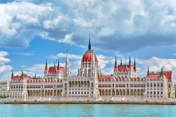 Hungarian Parliament at daytime. Budapest. View from Danube rive