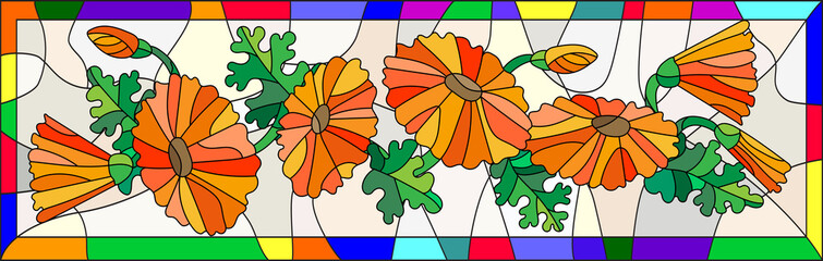 Illustration in stained glass style with flowers, buds and leaves of calendula