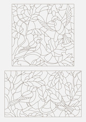Fototapeta na wymiar Set contour illustrations in stained glass style on the theme of autumn, two birds on the branches of trees