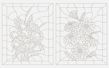 Set contour illustrations in the stained glass style, iris and chamomile , dark outline on a white background