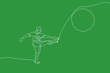Soccer graphic using single line to design and form the shape of player kicking the ball.