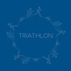 Triathlon graphic using single line to design and form the shape of triathletes are swimming running and cycling.