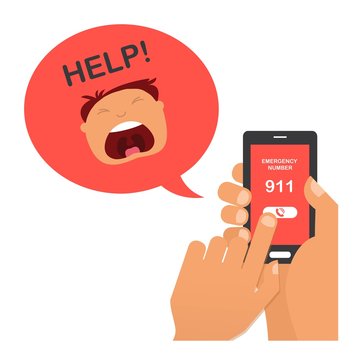 hand press emergency number 911 on a mobile phone with  man screaming for help.