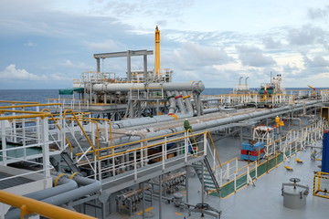 Pipe line on crude oil tanker in the gulf or the sea, The world energy, Offshore oil and rig construction.