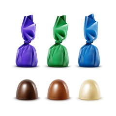 Realistic Dark Black Bitter White Milk Chocolate Candies in Colored Green Blue Violet Glossy Foil Wrapper