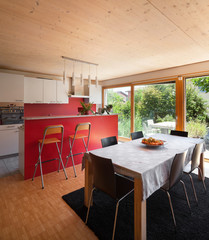 Interior, dining table and kitchen