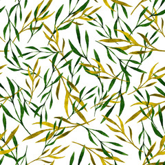 Naklejka premium Watercolor seamless pattern with green leaves and branches on a white background, hand drawn watercolor illustration for fabric, textile, wrapping paper, card, invitation, wallpaper, web design.