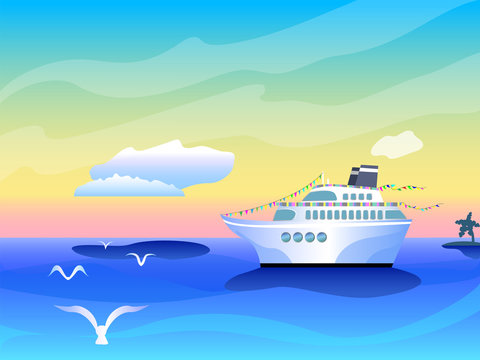 Vibrant banner template with cruise liner ship, white clouds and seagull over sea