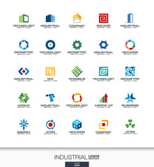 Abstract logo set for business company. Corporate identity design elements. Construction, industry, architecture concepts. Work, engineer, technology connect logotype collection. Colorful Vector icons