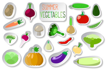 Vegetables clip art or sticker icons in flat style on white background