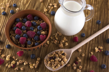 Muesli with fresh berries and milk.