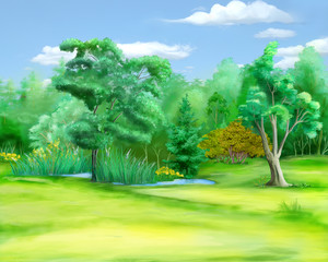Obraz premium Field at the Edge of the Forest in a Summer Day