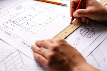 Construction planning drawings on the table 