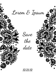 Save the date text with abstract black line design