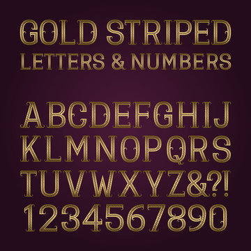 Golden striped letters and numbers with flourishes. Diagonal stripes vintage font. Isolated latin alphabet with figures.