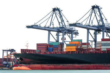 Fototapeta premium Logistics and transportation of International Container Cargo ship isolated on white background, logistic import export background and transport industry.