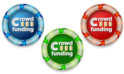 Three icons with color back light and the words crowd funding