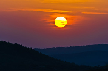 Sunset at greek coast in Sithonia, aerial photo from the top of a hill, Greece