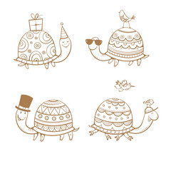Fototapeta premium Cartoon turtles set. Four cute tortoises. Funny animals. Party hat, roller skates and sunglasses. Little birds. Vector contour image no fill.