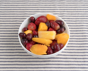 Mixed fruit in a bowl on a tablecloth.