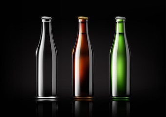 Transparent glass bottle, brown bottle and green bottle for design package and advertisement, beer and beverage ,Vector