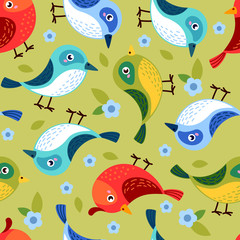Hand drawn seamless pattern with cute birds. Fun birds for kids design on green background. Vector illustration