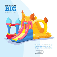 Vector illustration of inflatable castles and children hills on playground - obrazy, fototapety, plakaty