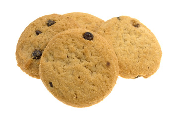 Vanilla chocolate chip crunchy cookies side view isolated on a white background.