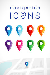 Set of 3D location icons. Color map arrows, logotypes collection, creative branding identity concepts. Red, shiny gold, yellow, green, blue and purple icons. Isolated abstract graphic design template.