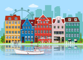 Facades of cute european old buildings. Detailed graphic houses set. Old town, water reflection and boat. Flat style vector illustration.  © marisa__