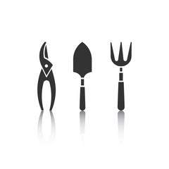 Set of icons with reflectoin - garden tools. Web site design. Spring season gardening objects