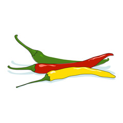 Red, Green and Yellow Hot Chili Pepper Isolated on White Background, Vegetables Cayenne Pepper , Guinea Spice, Cow-horn Pepper, Aleva, Bird Pepper, Vector Illustration