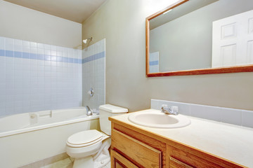 Naklejka na ściany i meble Classic American bathroom interior design with tile trim.